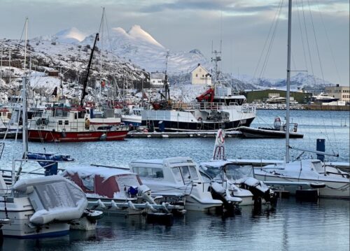 Small boats in a harbor at wintertime.
