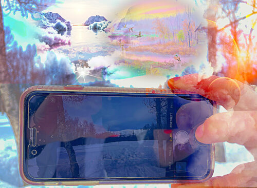 Illustrasjon av en mobiltelefon som tar bilde av et maleri.